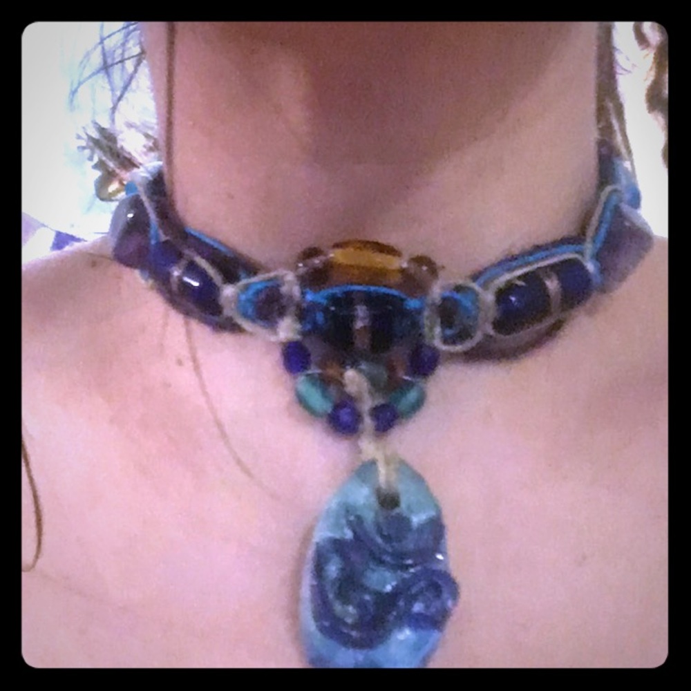 purple fluorite om necklace macrame hemp choker